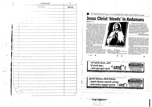 A scan of a published newspaper article in Marathi. The translated headline reads: Jesus Christ 'bleeds' in Andamans-import-01